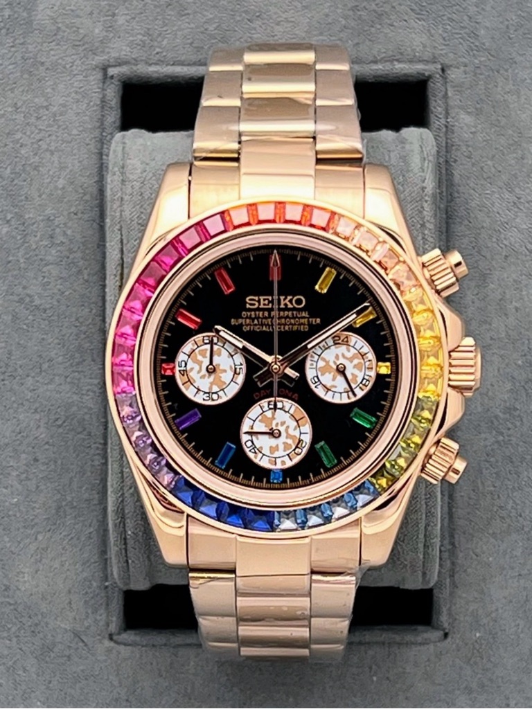 Seiko Rose Gold Mod Daytona Watch With Rainbow Bezel And Black Dial Mens Watch
